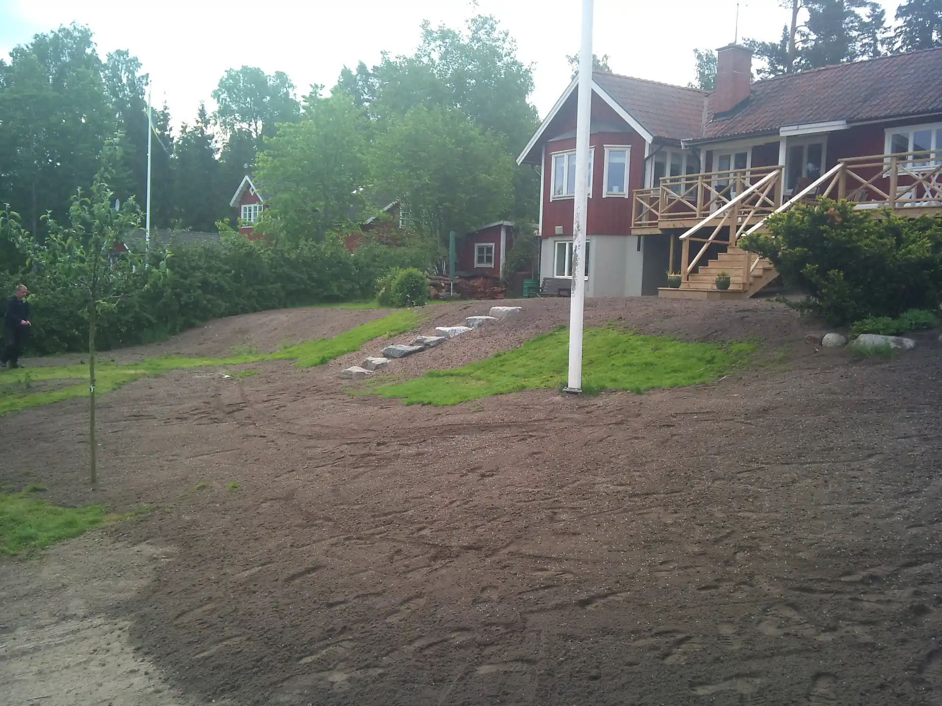 Nyanlagd tomt med gräsmatta, stentrappa och rött hus
